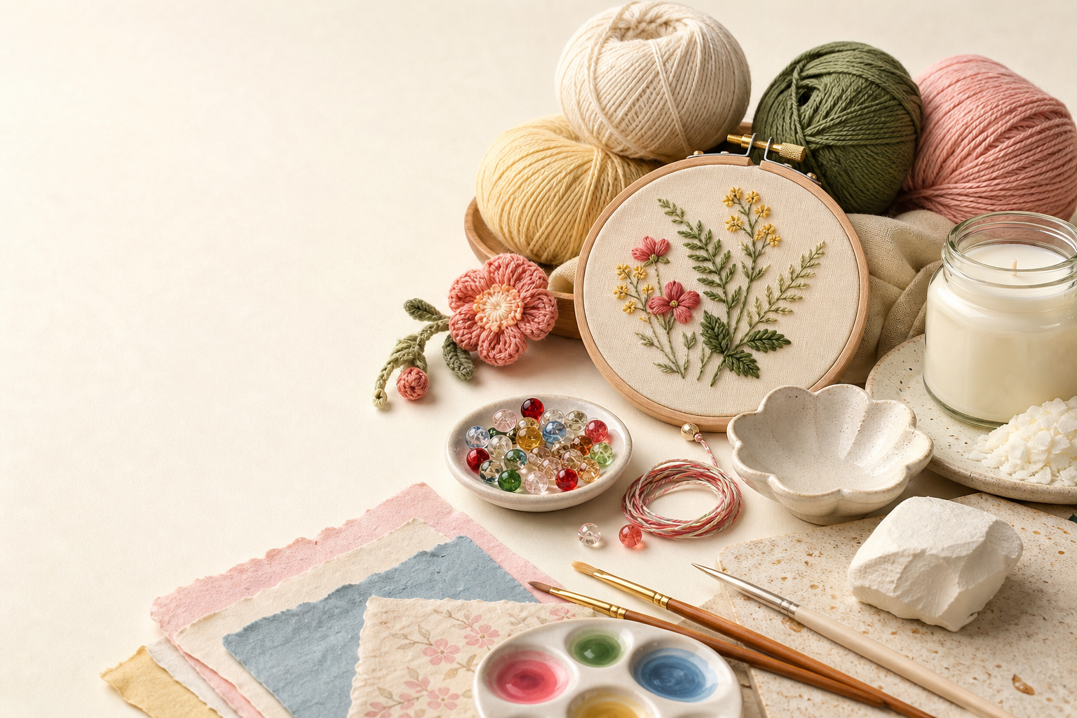 Crochet, embroidery, candle making, clay, beadwork, and painting supplies arranged for crafting