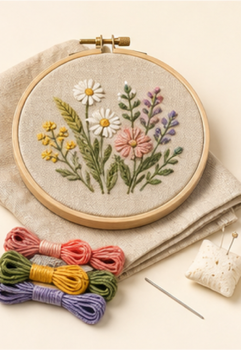 Botanical embroidery kit with hoop, thread, and floral pattern